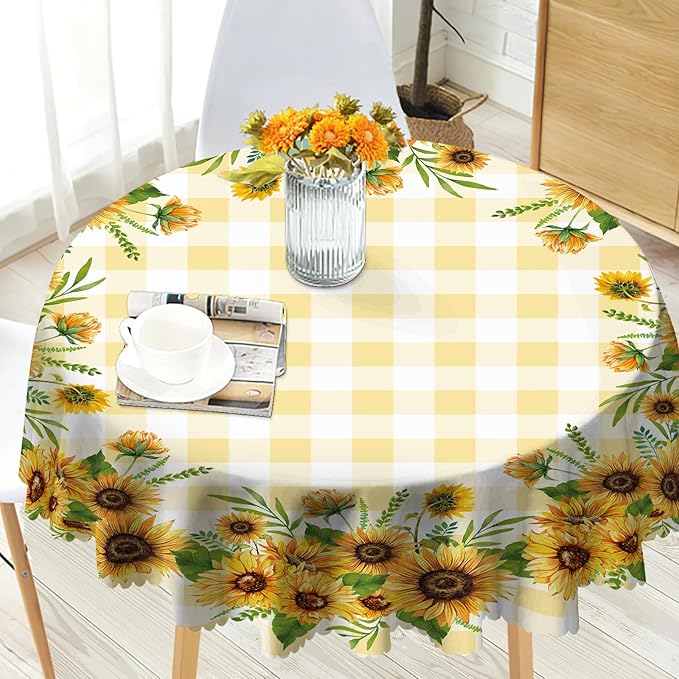 Eikione Sunflower Round Tablecloth 70inch, Fall Gingham Tablecloth Waterproof and Wrinkle-Free, Wild Flower Rustic Table Covers, Fall Decorations for Home