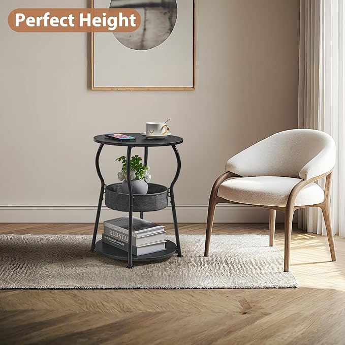Small Round Side Table with Storage Bag, 3-Tier Accent Round End Table with Storage Shelves for Living Room, 21.6" H Vintage Small Corner Table for Smalls Spaces (D - 15.8 in Black)