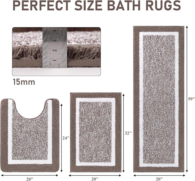Pauwer Bathroom Rug Mat Set 3 Piece, Microfiber Shaggy Bath Set, Non-Slip Ultra Soft Carpet Mats, Absorbent with U-Shaped Toilet for Bathroom, Tub, Shower, Coffee