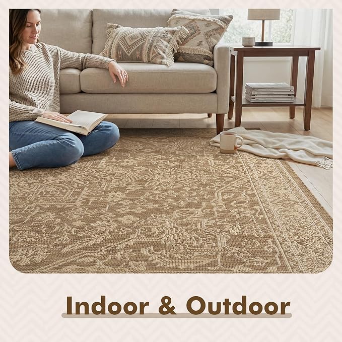 MontVoo-Outdoor Rug-Patio Rug 8x10 Polypropylene Indoor Outdoor Rugs Carpet for Patio Deck Balcony Porch, Textured Weave, Durable for High Traffic, Fade-Resistant, Vintage Medallion Neutral Brown