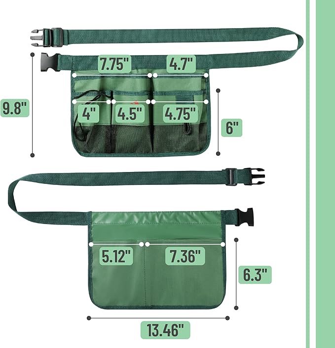 UNCO- Adjustable Gardening Belt, Green, 7 Pockets, Wear, Cut and Water Resistant, Garden Tool Belt Pouch, Waist Apron with Pockets