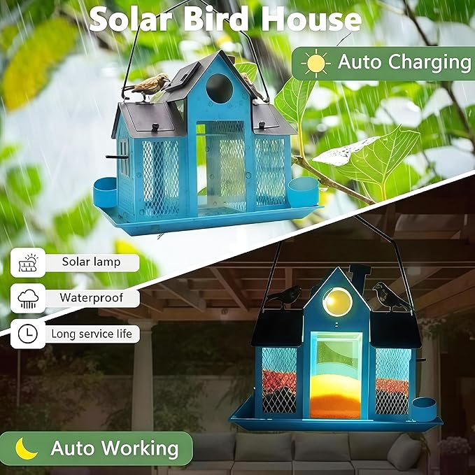 Solar Bird Feeders House for Outside Hanging, Metal Wild Bird Feeder for Outdoors Large Capacity Cardinal Birdfeeder Birdhouses Metal Bird Feeding Station Blue