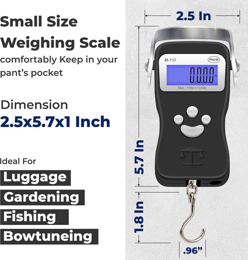 AWS Digital Luggage Scale - 110lb Capacity Hanging Scale with Built-in Tape Measure & Hook | Durable Metal Construction (Black)
