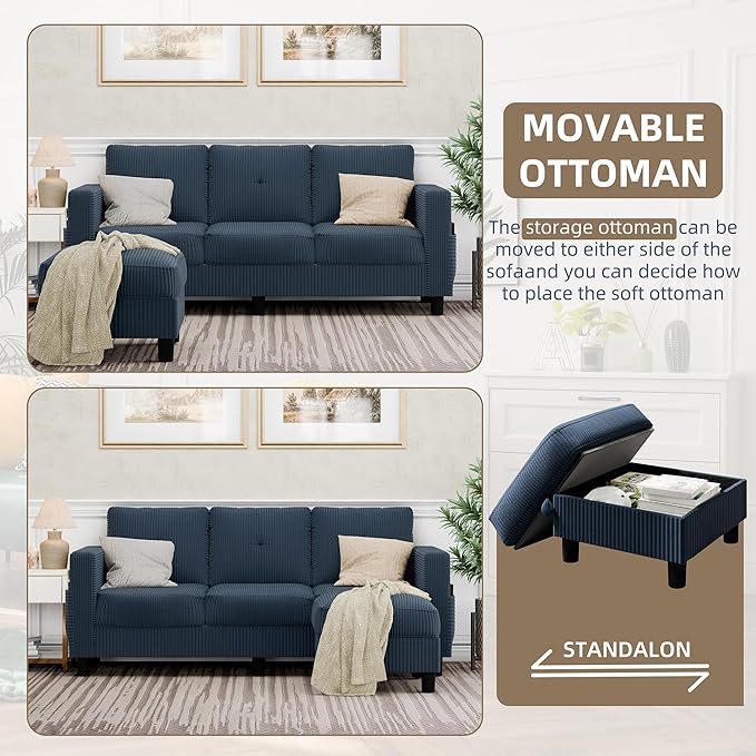 JAMFLY Convertible Sectional Couches for Living Room, L-Shaped Couch 3 Seat Sectional Sofa Set with Polyester Fabric and Movable Ottoman Small Couch for Apartments, Office(Blue)
