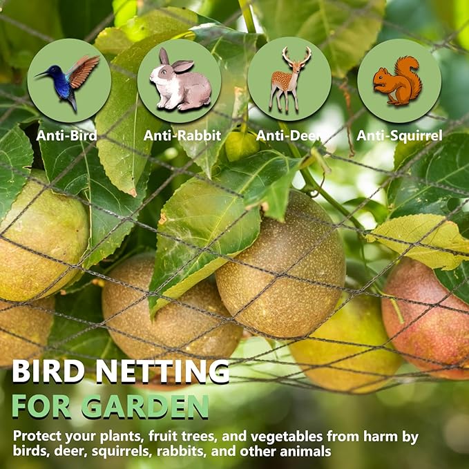 Bird Netting for Garden 25 x 50 FT Heavy Duty Black Garden Netting for Fruit Trees, Chicken Coop, Pond, Blueberry Bushes, Poultry & Deer Netting, HDPE Plant Protection Net Fence with Ties