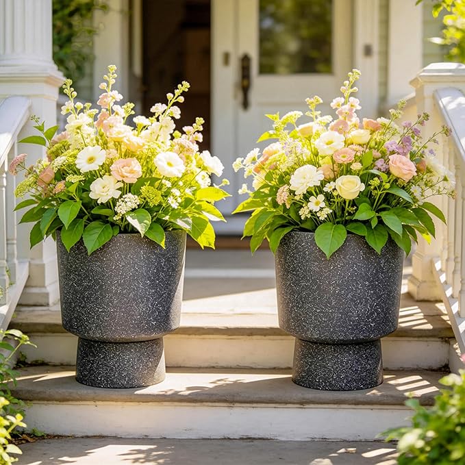 16.8" Large Planters Set of 2 Modern Pedestal Plant Pots with Drainage Hole, Durable Plastic Flower Pots w/Terrazzo Finish, Weather-Resistant for Garden Patio Balcony Home Outdoor Indoor Decor