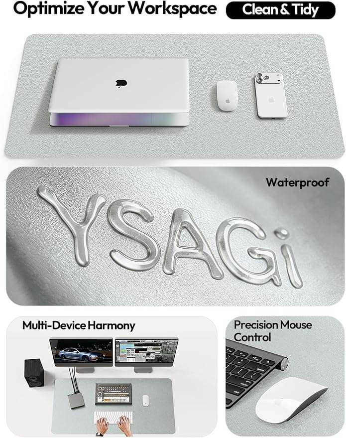 YSAGi Leather Desk Pad Protector, Office Desk Mat, Large Mouse Pad, Non-Slip PU Leather Desk Blotter, Laptop Desk Pad, Waterproof Desk Writing Pad for Office and Home (Silver, 47" x 17")