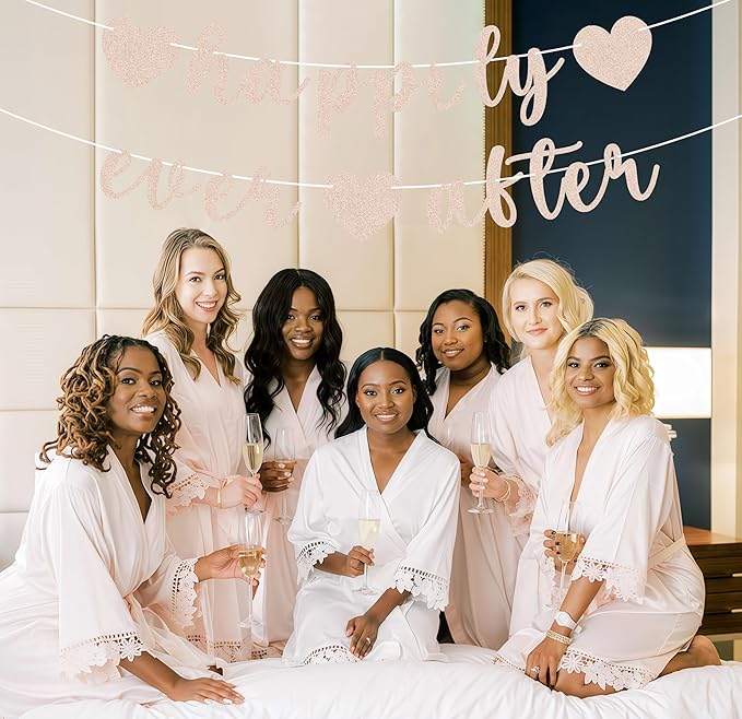 Pre-Strung Happily Ever After Banner - Rose Gold Glitter Bachelorette Bridal Engagement Party Decoration Supplies, Bachelorette Wedding Party Banner for Engagement, Bridal Shower, Wedding Party Photo Booth Props