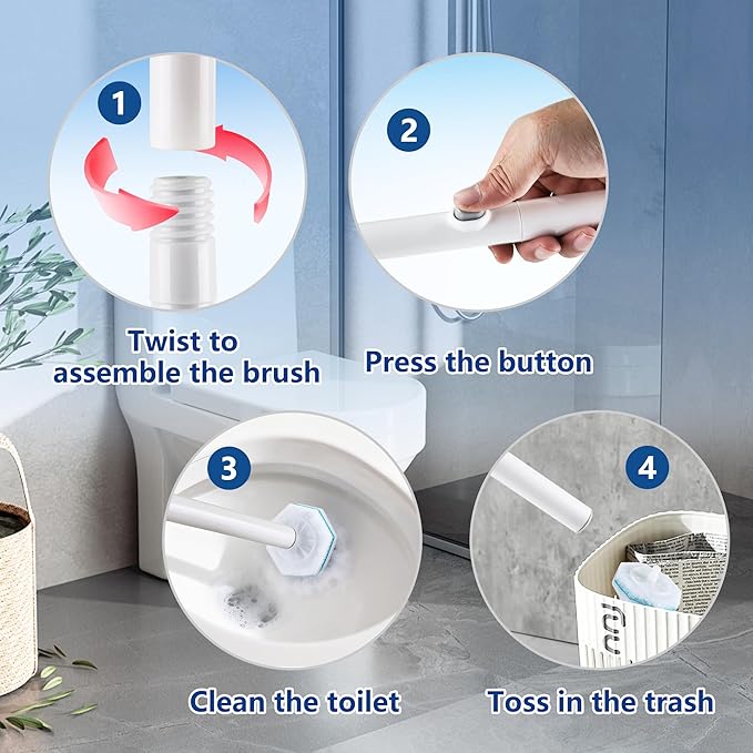 Disposable Toilet Brush and Holder with 42 Replacement Heads, Wall Mounted Toilet Wand Refills Kit, Fresh Scented Bathroom Cleaning System(Rainforest Rush)