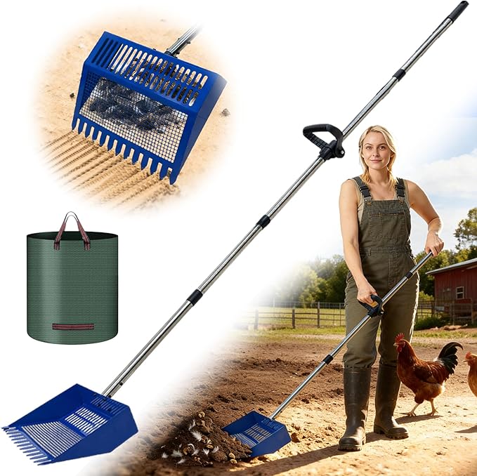 Chicken Poop Scooper & Rake, Stainless Steel Shovel Head Pooper Scooper, Adjustable Stainless Steel Handle 28"-68", Chicken Scooper for Chicken Coop Cleaning Tool with Reuseable Yard Waste Bags