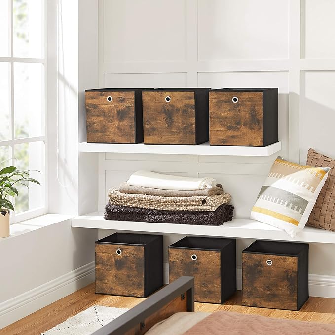 SONGMICS Storage Cubes, Set of 6 Storage Bins with Handles, Foldable Oxford Fabric and Non-Woven Fabric Storage Boxes, 11.8 x 11.8 x 11.8 Inches, Rustic Brown and Black URFB102B01