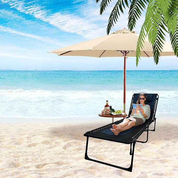 Oversized Padded Outdoor Folding Lounge Chair for Adults 330Ibs Patio Chaise Lounge Chair for Outside Adjustable 5-Position Reclining Beach Chair with Pillow Pocket