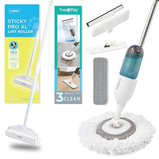 True & Tidy® White Clean Everywhere Spray Mop Kit with Three Interchangeable Heads and Refillable Tank- Includes Head, Round, and Window Squeegee Attachments with StickyPro XL Lint Roller