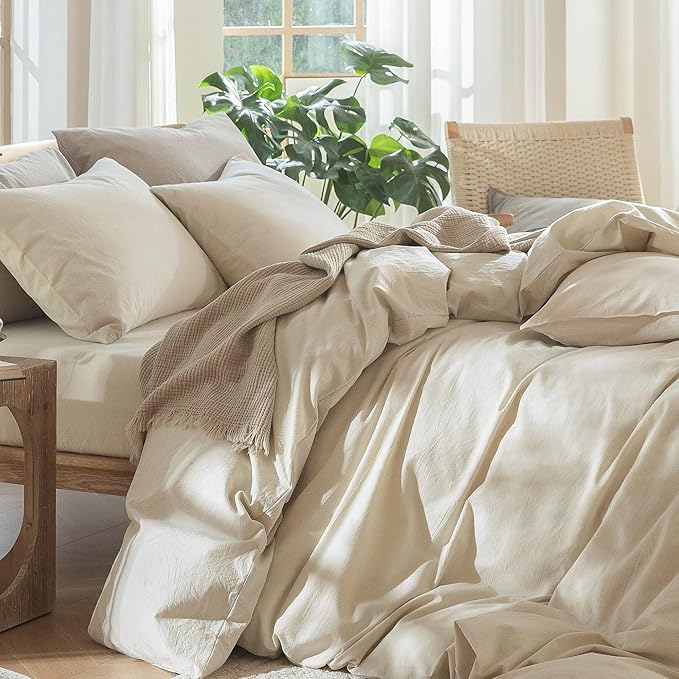 MooMee Bedding Duvet Cover Set 100% Washed Cotton Linen Like Textured Breathable Durable Soft Comfy (Heathered Almond Milk Grey, Super Queen 90"x98")