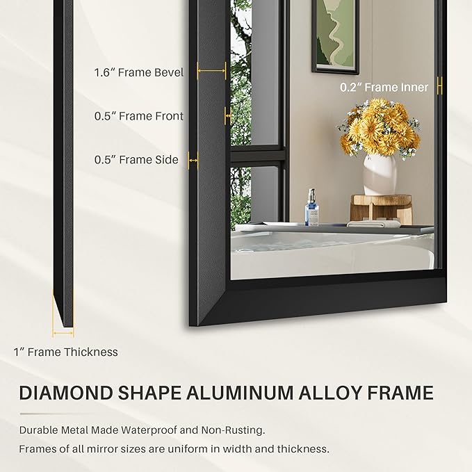 24x36 Inch Black Bathroom Mirror for Wall, Thick Metal Framed Rectangle Mirrors for Over Sink, Bedroom, Living Room, Entryway, Anti-Rust, HD Tempered Glass