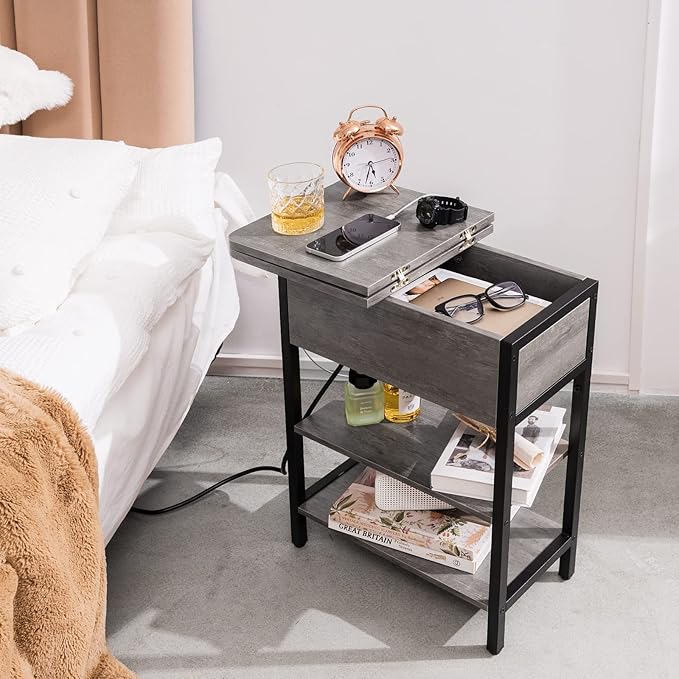 Yoobure End Table with Charging Station, Flip Top Side Table with USB Ports and Outlets, Sofa Couch Table Bedside Table for Living Room Bedroom, Narrow Nightstand with Shelves for Small Space Gray