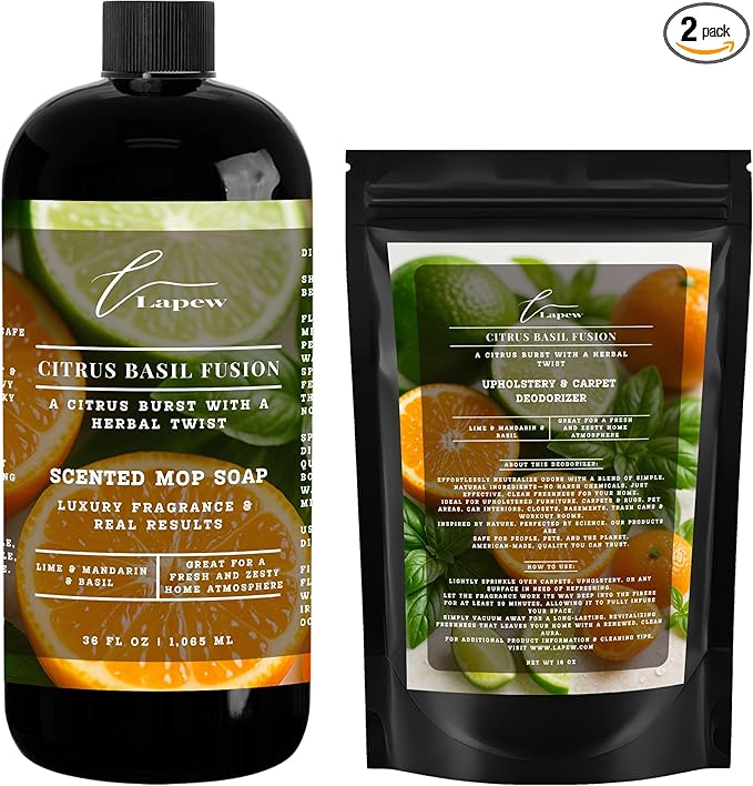 Lapew Citrus Basil Fusion Bundle – Carpet Deodorizer Powder & Scented Mop Soap Set – Odor Eliminator for Pet-Friendly Homes (Lime Basil Mandarin Fragrance)