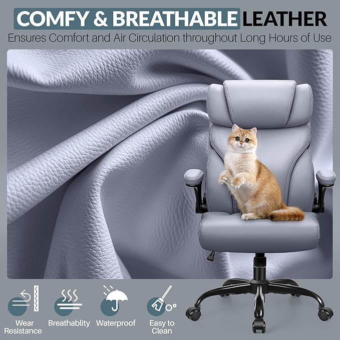 Office Chair, Leather Chair with Adjustable High Back Flip-up Armrests，Ergonomic Desk Chairs Big and Tall, Lumbar Support Swivel Computer Chair with Rocking Function