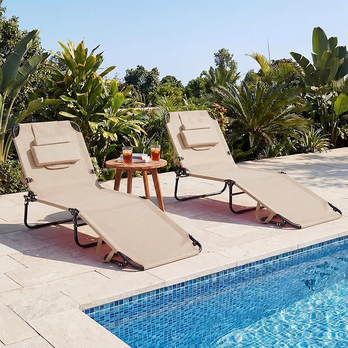 GYMAX Beach Lounge Chair, Sunbathing Chair Patio Lounge Chair Folding Adjustable Recliner with Hole for Face (1, Sand)