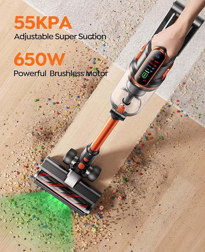 Cordless Vacuum Cleaner, 650W/55Kpa/70Mins Stick Vacuum Cleaners for Home with 180° Foldable Wand &3.3Ft Hose, Touch Screen AUTO-Mode, Wall Mount Charging, Fragrance, Vacuum for Floor/Carpet/Pet Hair