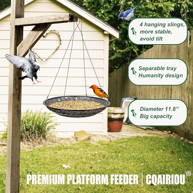CQAIRIOU Upgraded Hanging Bird Feeder Tray (2 Sets),11.8” Stainless Steel Large Platform Open Bird Seed Tray for Outside Wild Birds