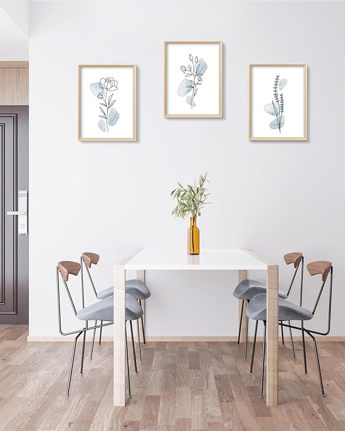 HesenDot Framed Blue Floral Canvas Wall Art, Minimalist Botanical Wall Art Decor