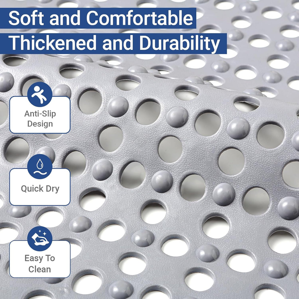 Non Slip Bathtub Mat and Shower Mat 31x17 inch,Bath Mat with Quick Dry Drain Holes and Suction Cups, Soft Comfortable Safe Bathroom Mat for Bath Tub, Floor, Tile (Grey)
