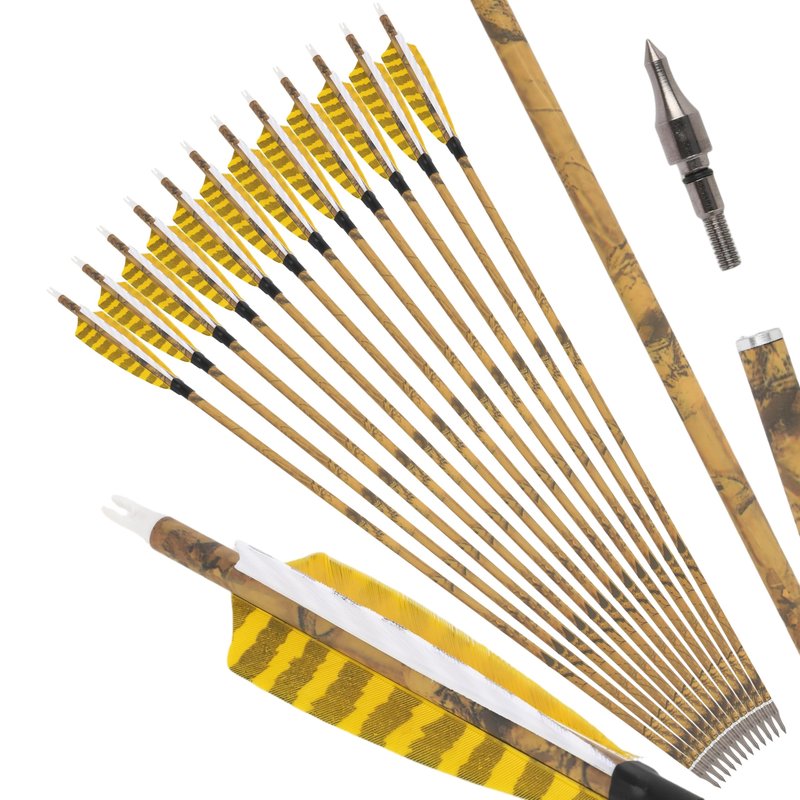 ZSHJGJR 30” Carbon Arrows Hunting Arrows with 4” Turkey Feather Removable Tips Archery Targeting Practice Arrows 500 Spine for Compound & Recurve & Traditional Bow 6/12pcs (12, Yellow & White)