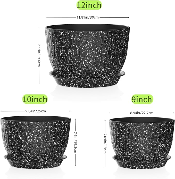 12/10/9 Inch Plant Pots, 3 Pack Large Flower Pots for Indoor and Outdoor Plants with Water Ripples, Large Plastic Flower Pots with Drainage Holes and Tray for Garden Indoor Plants