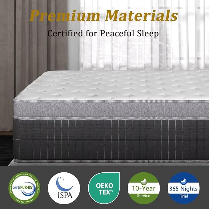 inight Queen Mattress 12 Inch, Individual Wrapped Pocket Springs Zoned Hybrid Mattress with Gel Memory Foam, Ergonomic Pressure Relief, Enhanced Edge Support, Breathable Comfort Night, 365-Night Trial