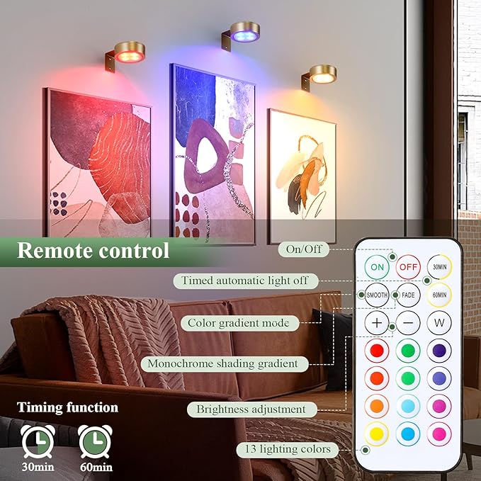 2-Pack Picture Light Battery Operated Painting Lights, 13 Color RGB Magnetic