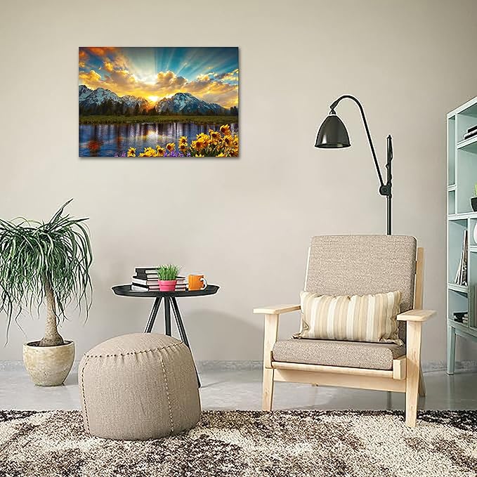 SKASNFAI Grand Teton National Park Wall Art Sunflower Landscape Canvas Mountain Artwork Landscape Print for Living Room Framed (12x16 inch)