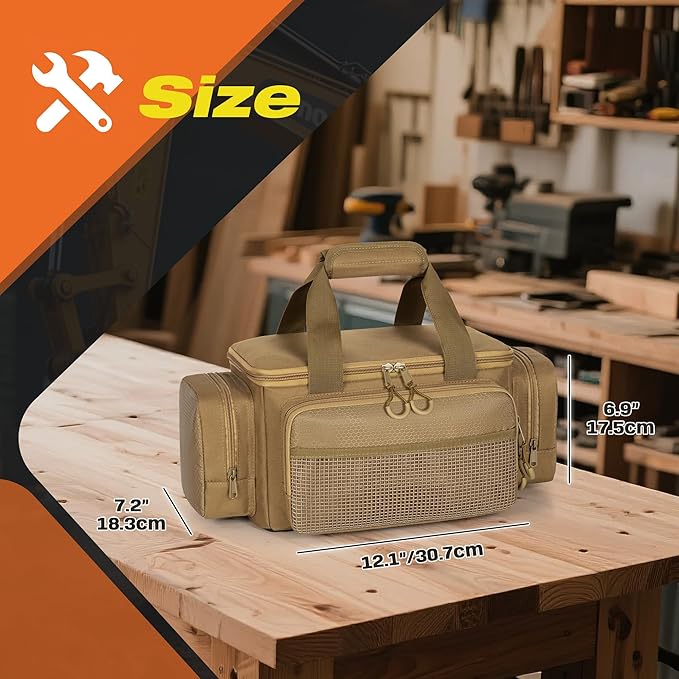 Small Tool Bag with Anti-friction Bottom, Tactical 12" Tool Tote for Men, Hand Tool Storage Organizer for Electrician, Repairman and Carpenters, Khaki