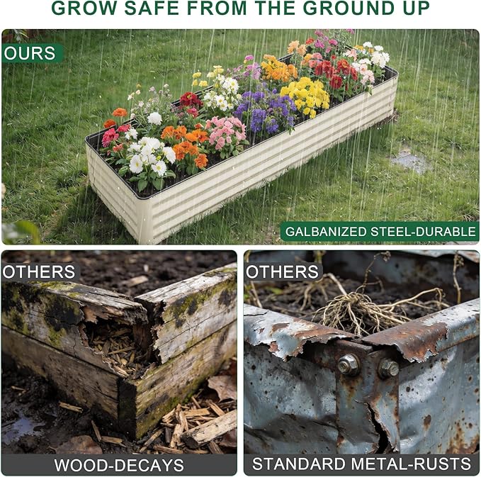 Galvanized Raised Garden Bed – 1 Pack 8x2x1 Ft Patented Leak-Proof Planter Box Outdoor Gardening Metal Raised Garden Beds Kits for Veggies, Herbs & Flowers (White)
