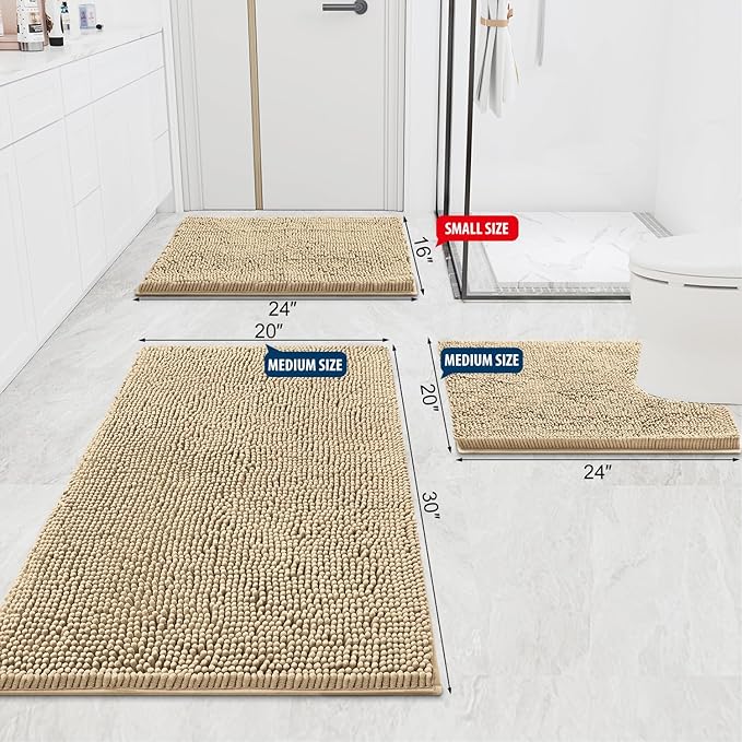Smiry Luxury Chenille Bathroom Rugs 59x24, Extra Soft and Absorbent Shaggy Bath Mat, Machine Washable, Non-Slip Plush Carpet Runner for Tub, Shower, and Floor, Home Decor Accessories, Beige