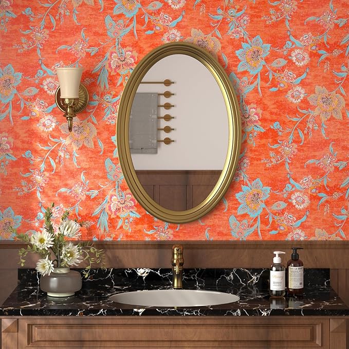 FunStick 17.5"x118" Vintage Floral Peel and Stick Wallpaper Orange Red Wall
