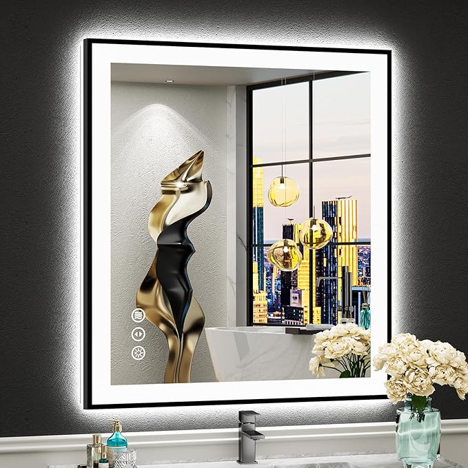 28x32 Black Framed LED Bathroom Mirror