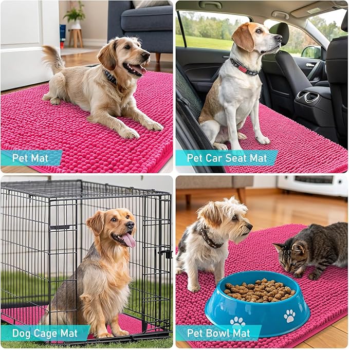 OLANLY Dog Door Mat for Muddy Paws 59x24, Absorbs Moisture and Dirt, Absorbent Non-Slip Washable Doormat, Quick Dry Chenille Mud Mat for Dogs, Entry Indoor Entryway Carpet for Inside Floor, Hot Pink