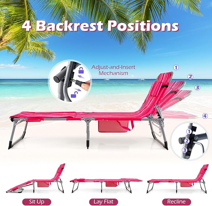 GYMAX Tanning Chair, 330LBS Beach Lounge w/Face Arm Hole & Shoulder Strap, Folding Layout Sunbath Chair, Face Down Outdoor Chaise Lounger for Patio, Poolside, Lawn, Backyard (1, Pink Stripe)