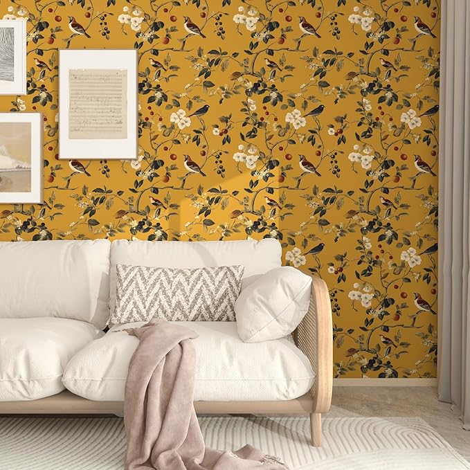 Laatse Vintage Bird Wallpaper 17.5"x393" Yellow Chinoiserie Floral Wallpaper
