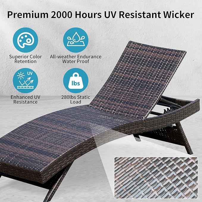 Set of Foldable Long Reclining Patio Seating Chairs, 2 Folding Chairs Patio Chaise Lounge, Outdoor Wicker Lounge Chaise, Rattan Chaise Lounge Lawn Sunbathing Recliner Beach Pool Backrest Recliners
