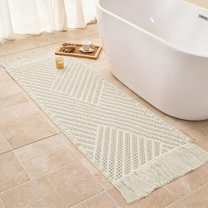 Waffle Runner Rug Non Slip, Boho Bath Mat, Super Absorbent Quick Dry Long Bath Runner Bathroom, Soft Farmhouse Bath Rug with Tassels, Washable Shower Mats for Floor 24"x72", Tassels Cream