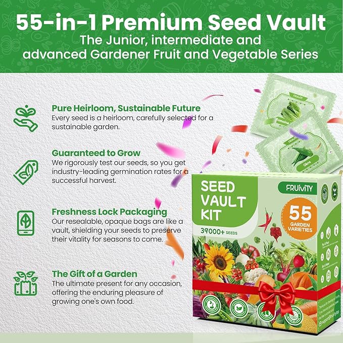 55 Vegetable Seeds Variety Pack - 39,000+ Heirloom Seeds for Planting Vegetables and Fruits, Outdoor Garden Seeds for Planting Gift for Mother, Women, Mom, Friend