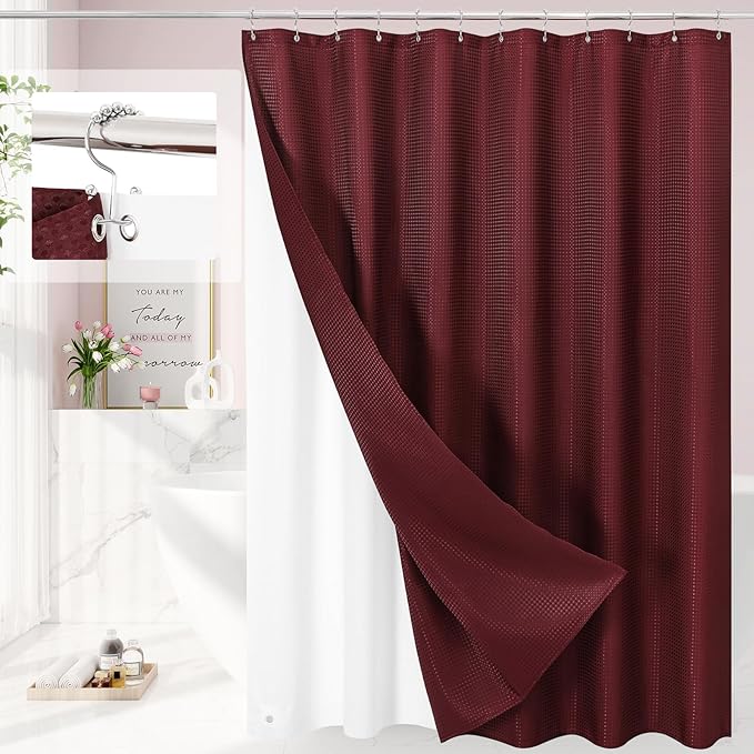 3 in 1 Shower Curtain Set, Burgundy Waffle Shower Curtain and PEVA Liner Set with 12 Stainless Steel Shower Curtain Hooks, Waterproof Fabric Shower Curtains for Bathroom, 72 W x 72 H