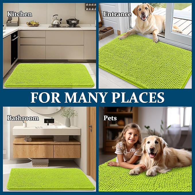 OLANLY Dog Door Mat for Muddy Paws 36x24, Absorbs Moisture and Dirt, Absorbent Non-Slip Washable Doormat, Quick Dry Chenille Mud Mat, Entry Indoor Entryway Carpet for Inside Floor, Bright Green
