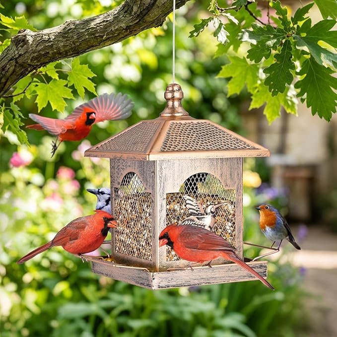 LBTING Bird Feeder for Outside, Metal Square Lantern-Shaped Bird Feeder with Polka Dot Patterned Roof, Wild Bird Feeders for Hanging Outdoor Garden Yard