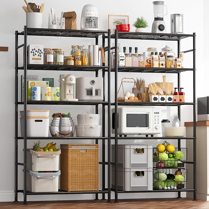 Storage Shelves - Set of 2, 5-Tier Metal Shelf Organizer, Space-Saving Garage Shelving with Leveling Feet, Standing Shelves Organizer for Kitchen, Laundry, Pantry (33.1"x12.6"x72.0", Black)