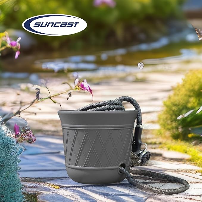 Suncast 2 Pack 14" x 12" Round Resin Decorative Weatherproof Outdoor Hideaway Standard Garden Hose Storage Pot with Drainage Holes, Gray