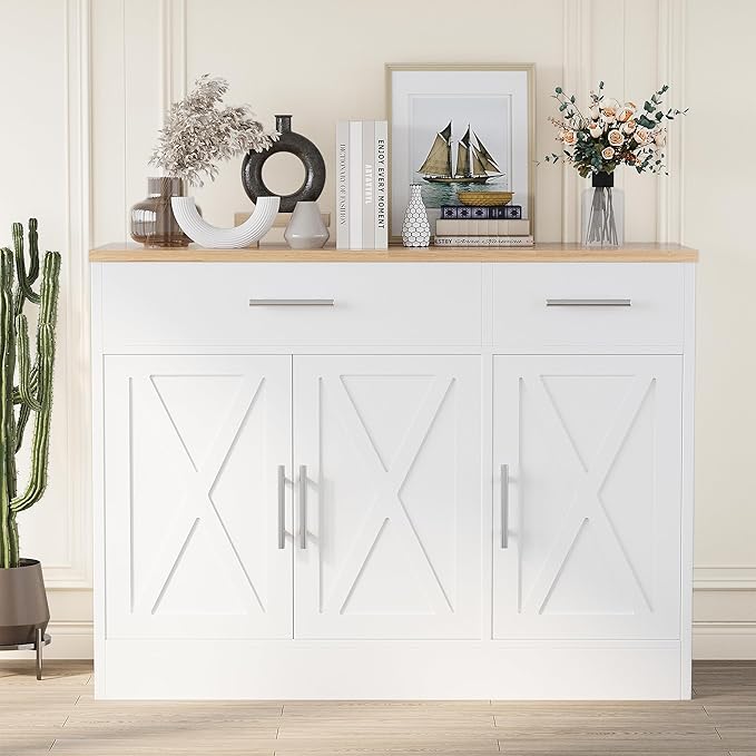 Shintenchi Modern Farmhouse Sideboard Buffet Cabinet with Storage with 3 Doors,42" Barn Doors Buffet Cabinet with Storage, Wood Coffee Bar Cabinets with Adjustable Shelf for Kitchen Living Room,White