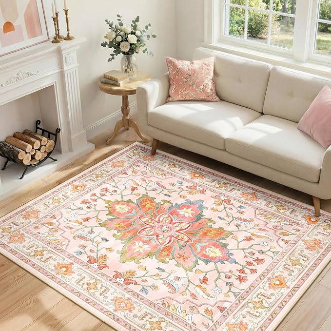 Area Rugs 4'x6' Washable Non-Slip, Floral Vintage Distress Print Pattern Medallion Carpet for Living Room Bedroom Dining Room, Light Pink Colorful